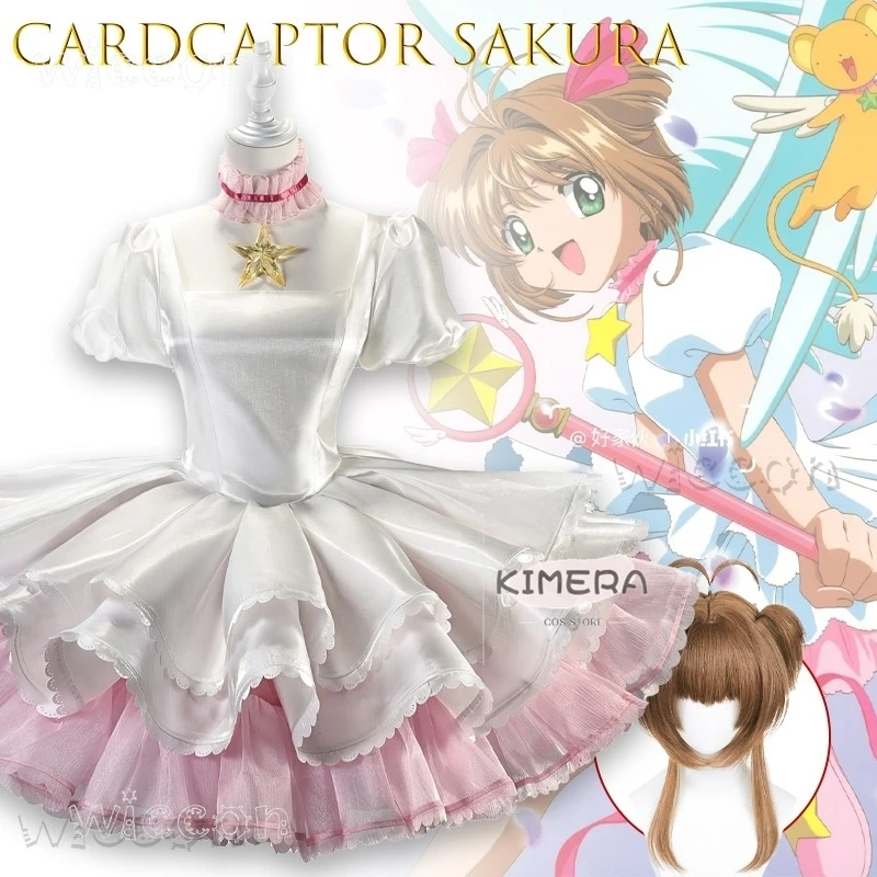 

disfraz ACardcaptor Sakura Kinomoto Sakura Pink White Battle Dress Cosplay Costume Anime Outfit Halloween fantasia disfraces adu