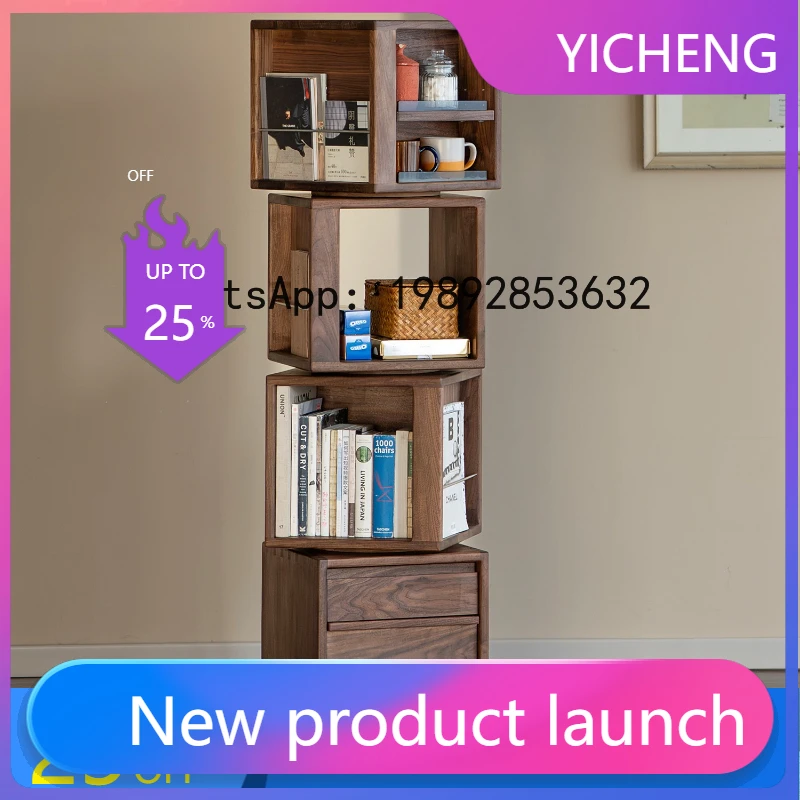 G1   Branch Black Walnut Rotating Bookshelf Solid Wood Bookcase Narrow Cabinet Storage Rack Display Cabinet
