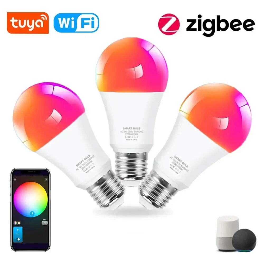 Ampoule Led Zigbee 15W 18W, Tuya Wifi, lampe intelligente RGB + WW + CW E27, domotique intelligente pour Alexa, Google Assistant