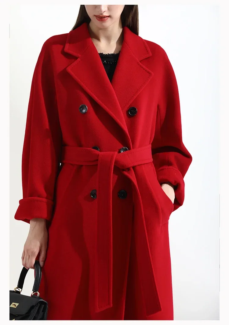 

Classic Cashmere Coat Women Solid Color Lapel Double Breasted Wool Coats Autumn Winter Warm Long Outwears Casual Commute Outcoat