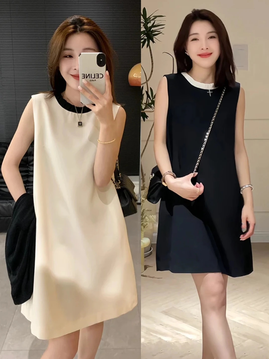 Vestido F Casual E de Verão, Sem Mangas, Gola Redonda, Tamanho ande, Estilo Regata, Saia Godê Moderna