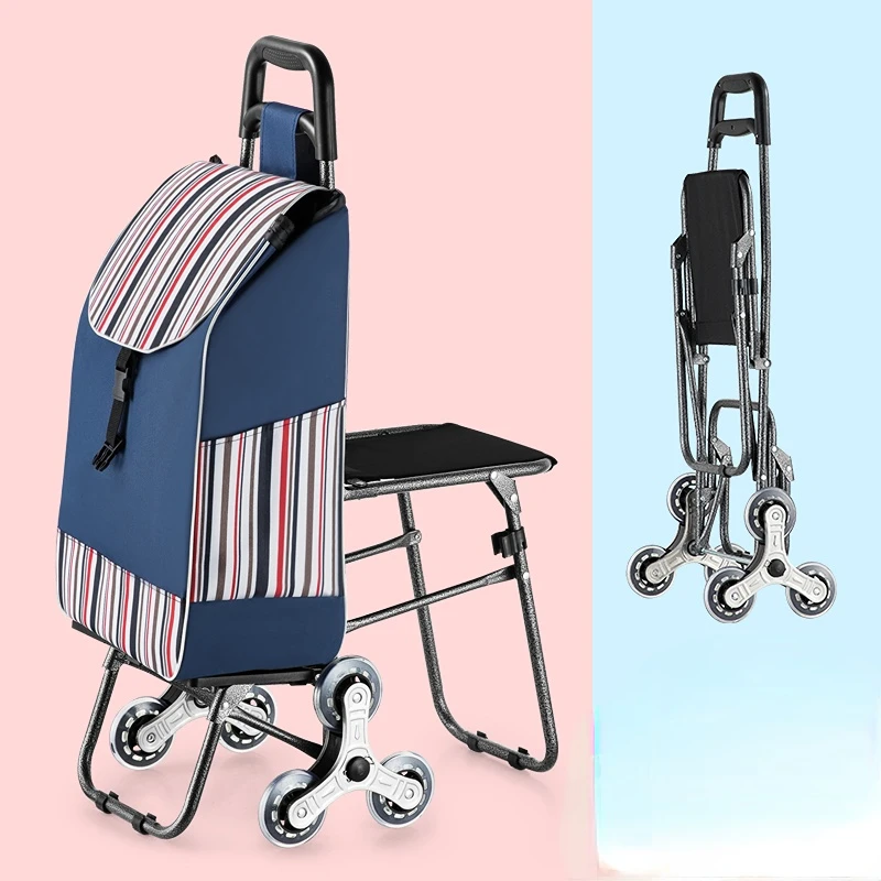 Climb Stairs Shopping Cart with Waterproof Bag and Chair Household Trolley with Seat, Steel Frame Pull Rod Trolley Cart Wheels