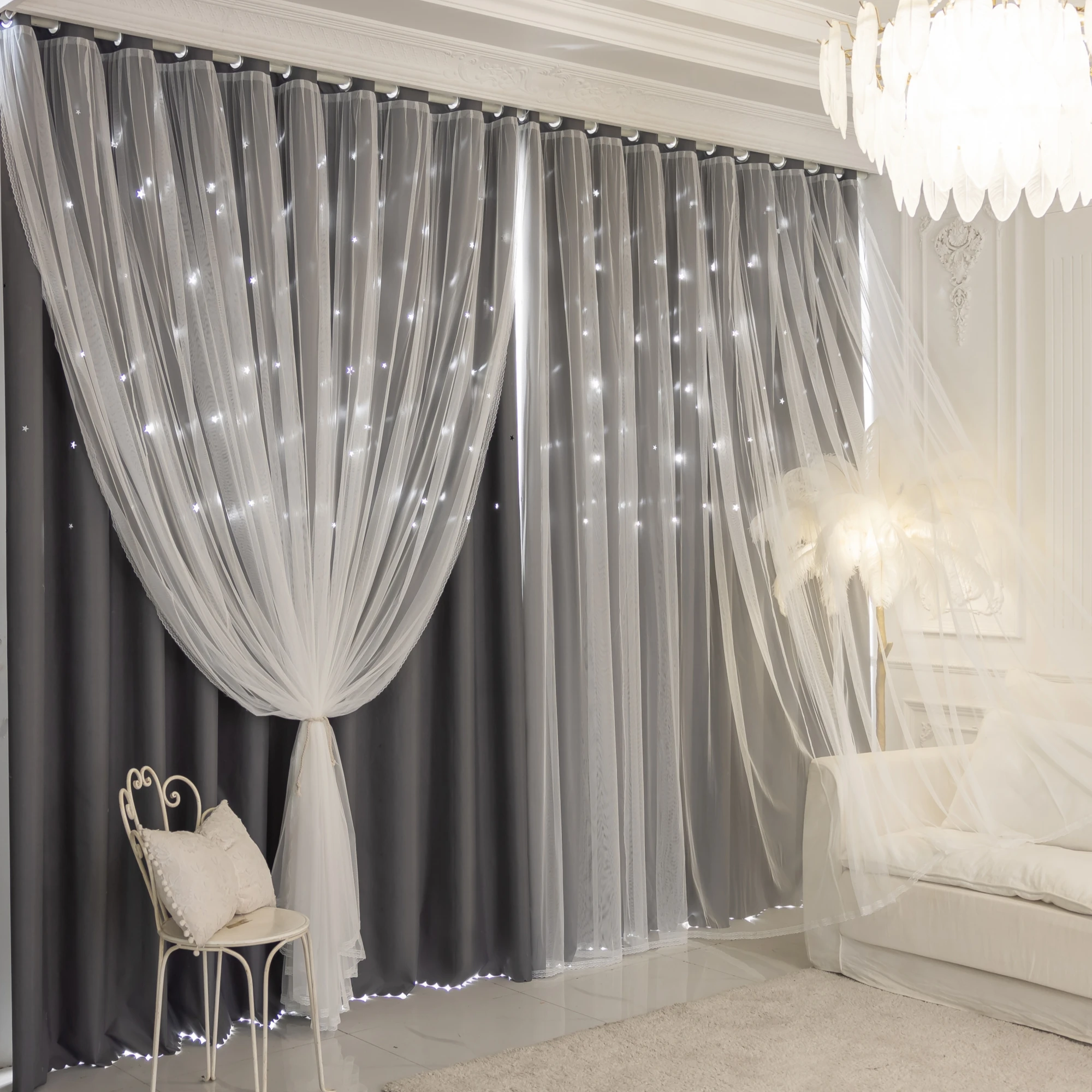 1pc 100% Blackout Curtains with Star Cutouts  Integrated Sheer Overlay Thermal Insulated Privacy Protect for Bedroom and Living