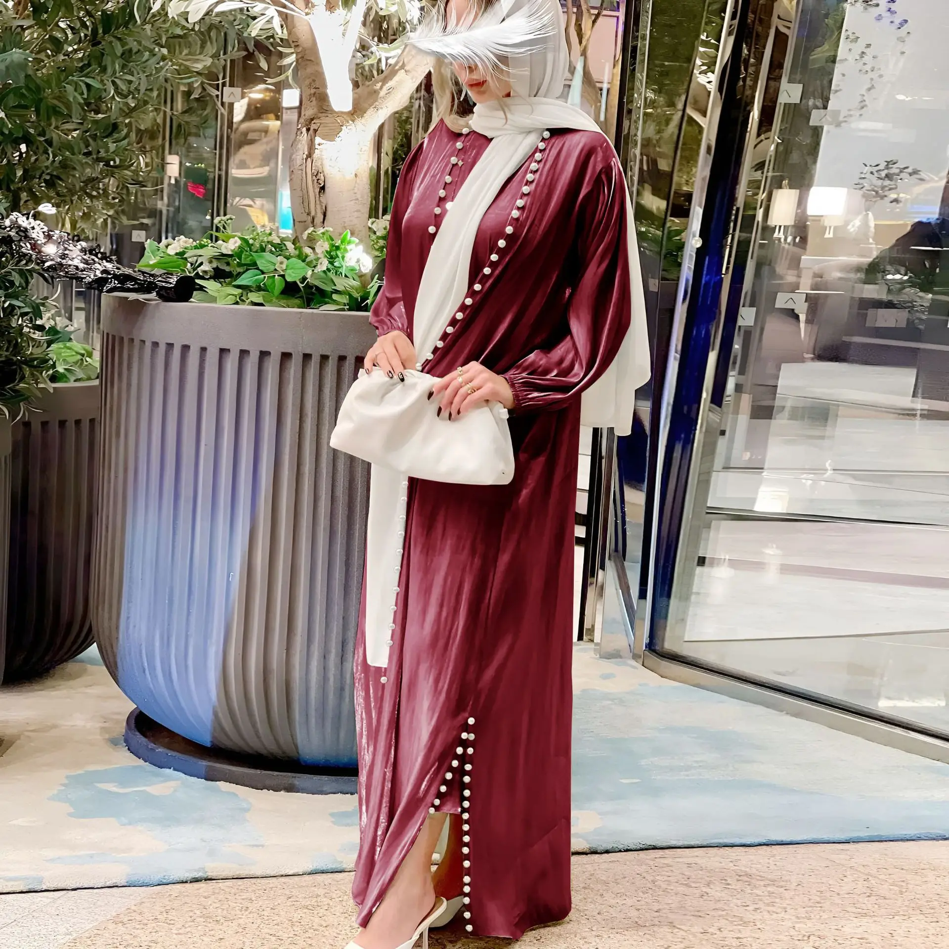 Imagem -03 - Marrocos Caftan Muçulmano Abaya Vestido Feminino Peça Conjunto Abayas Vestidos Dubai Árabe Seda Cetim Quimono Cardigan Robe Outwear Outono