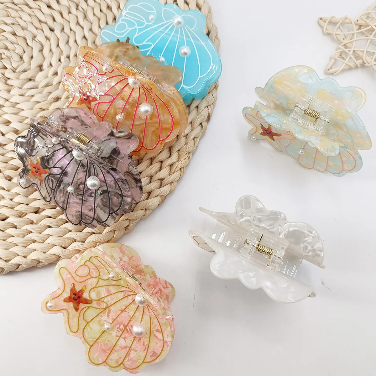 Neue Süße Ozeanmuschel-Perlen-Haarklammer aus Acetat, Niedliche Strandmuschel-Haarspangen, Sommer-Haarnadeln für Frauen und Mädchen, Haaraccessoires