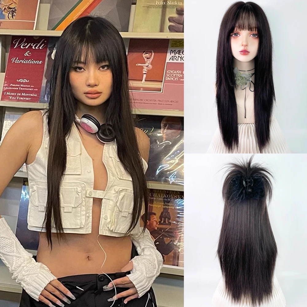 

Black Synthetic Long Straight Women Wigs with Bangs Nature Lolita Cosplay Fluffy Hair Wig for Daily Party