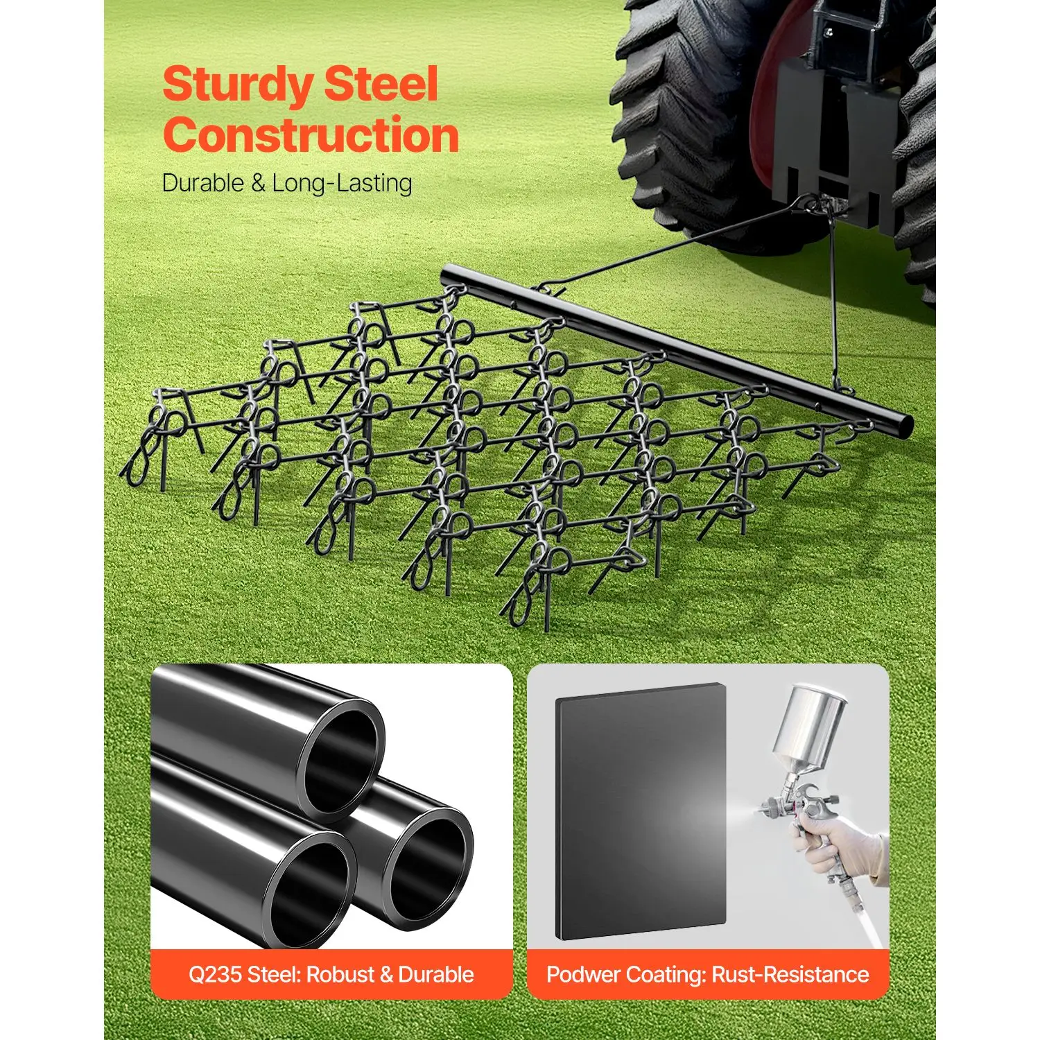 Drag Harrow, 5 x 4.5 ft Durable Chain Harrow with 60 Sharp Teeth, Suitable for ATV UTV Tractor, Ideal for Soil Preparation, Seeding, Smoothing Landscapes, and Yard Gravel Driveway Maintenance