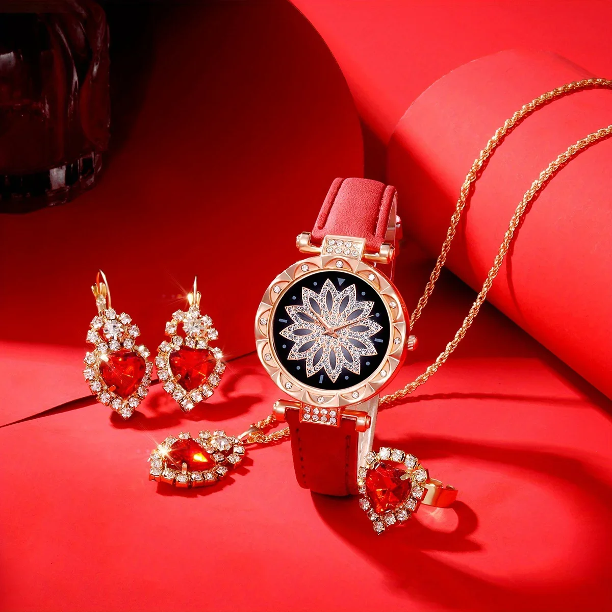 Роскошные кварцевые часы со стразами, аналоговые наручные часы из искусственной кожи с блестящими цветами и комплект ювелирных изделий из 4 предметов, подарок для мамы/еи