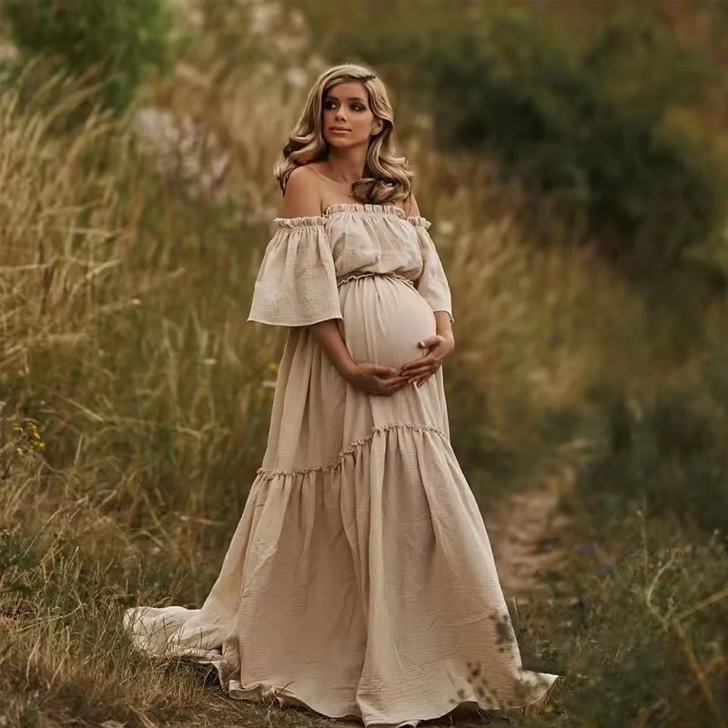 Women Boho Dress Comfortable Linen Cotton Maternity Clothing Vintage Short Sleeve Dress For Pregnancy Photo Shoot