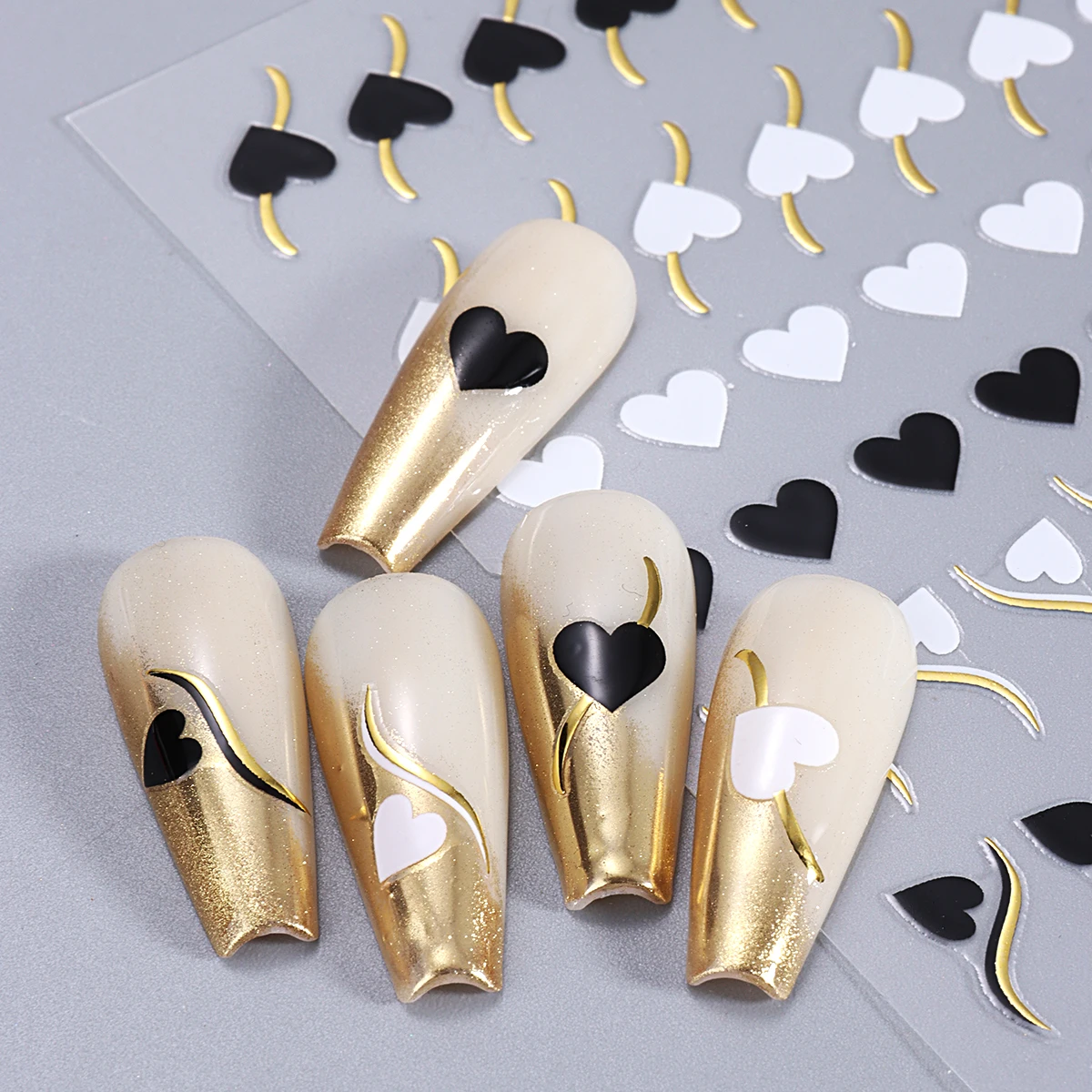4pcs Metal French Love Heart Nails Stickers Gold Silver Wave Swirl Design Elegant Simple Charm Foils Valentine's Manicure Decor