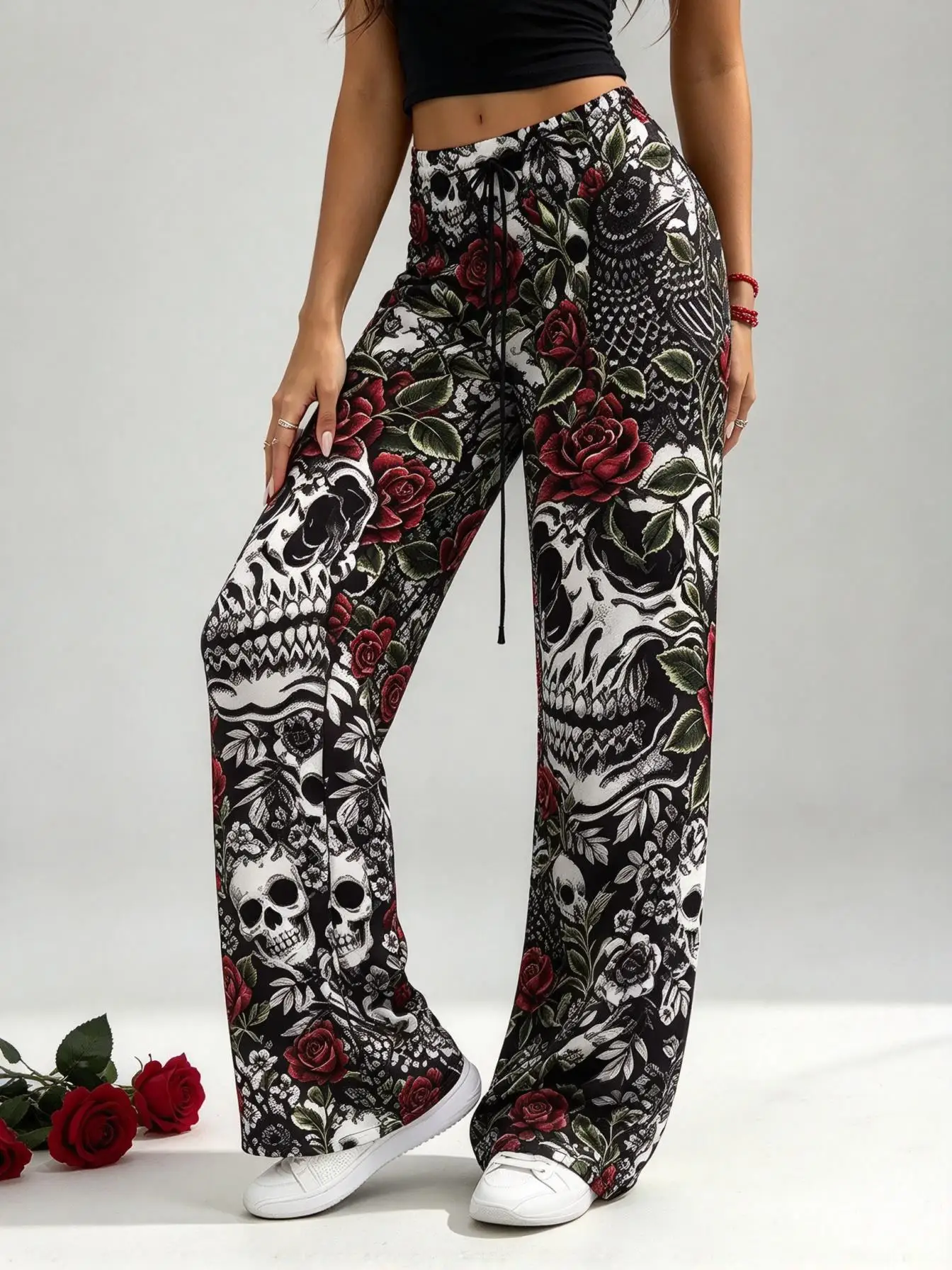 Ladies Halloween Wide Leg Pants, Gothic Skull Rose Leaf Print Elastic Drawstring Waist Casual Trousers