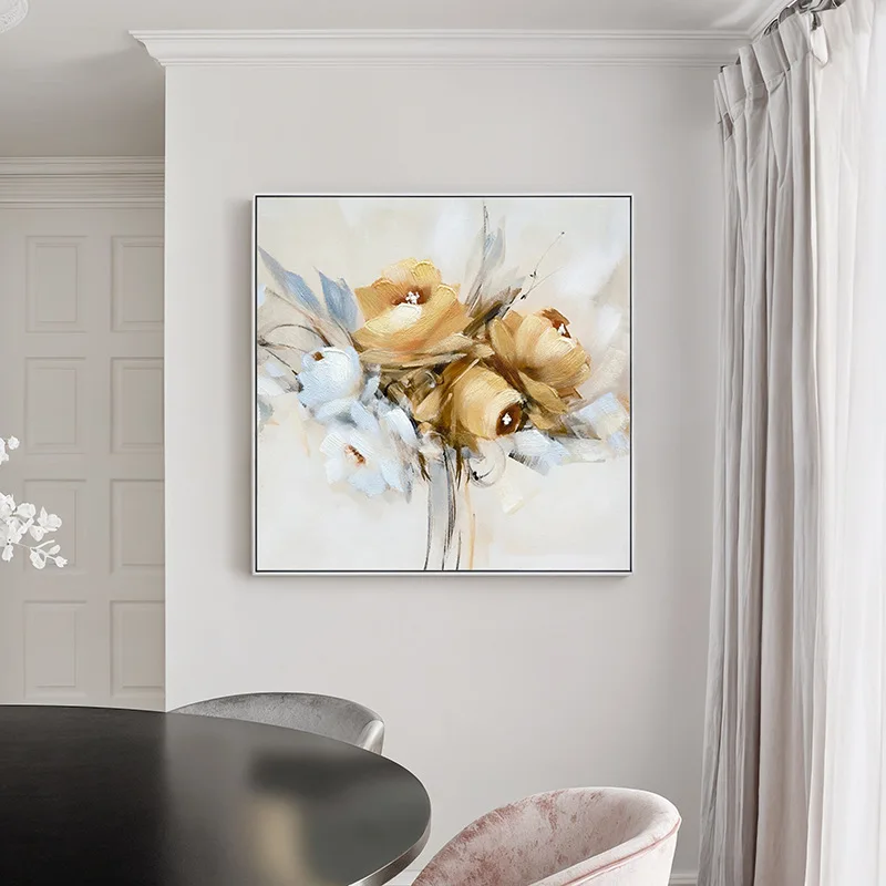 Ins Style Abstract Brushstroke Flower Oil Canvas Framed Original Decorative Painting Cream Yellow High-end Hanging Hotel