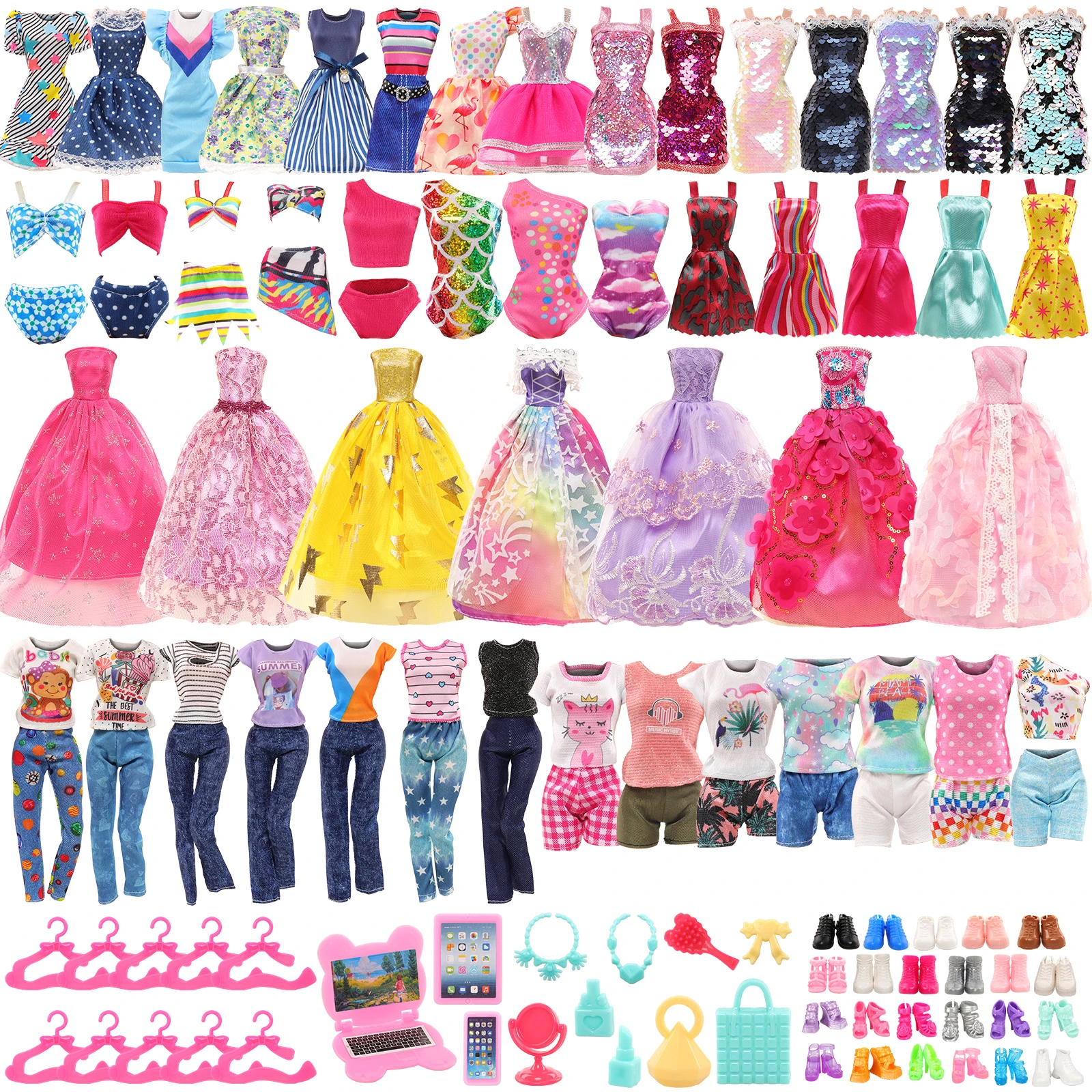 Barwa 59 Pcs Fashion Doll Clothes and Accessories=15 Dress+4 Sets of Tops and Pants+3 Swimsuits+3 Computer Three Piece Sets