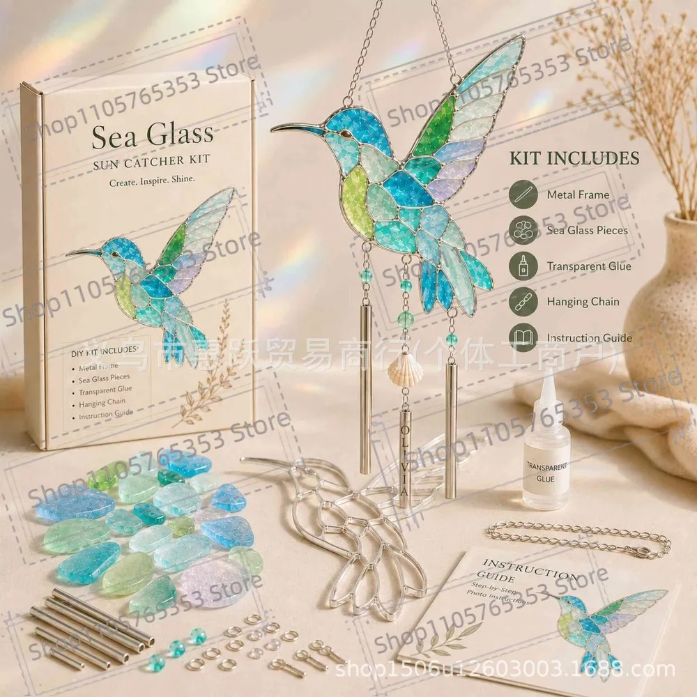 2026 Coastal Sea Glass Suncatcher DIY Craft Kit, Make Your Own Stained Glass Style Wind Chime, Window Hanging Decor for Home