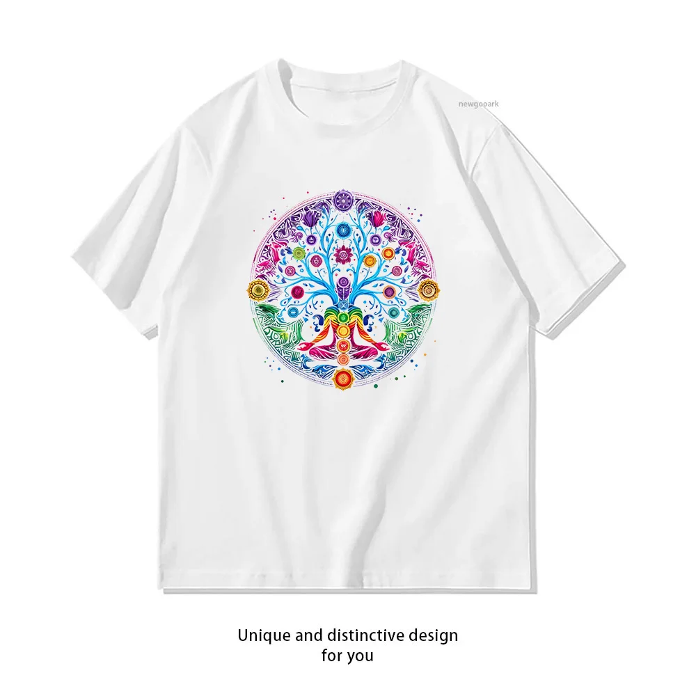 Camiseta Árvore da Vida Chakra Zen Cores Chakra Yoga Aum Om Unissex Algodão Verão Estampa Gráfica Adulto Streetwear Camisetas Tops