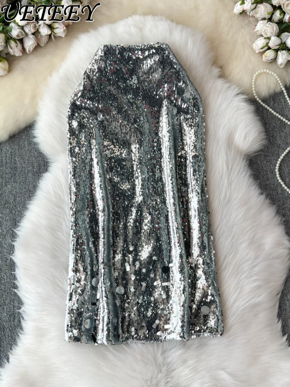 Vielseitige funkelnde Pailletten-Schlankheitsröcke für Damen, Herbst-Winter-Mode, hohe Taille, hüftumwickelte, burgunderrote lange Röcke