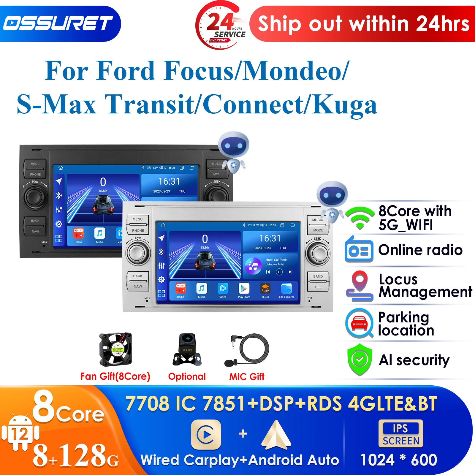 

7'' 4G CarPlay Android Auto Radio for Ford Focus Mondeo Fiesta Transit Kuga C-Max S-Max Galaxy GPS Car Multimedia 2din Autoradio