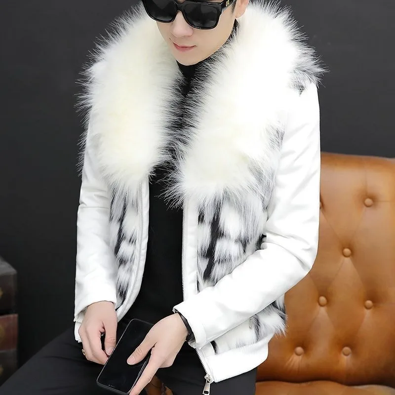 2023 New men Winter Faux leather clothing short Plush thicken Overcoat Personalized fur collar Jacket loose trend Outwear