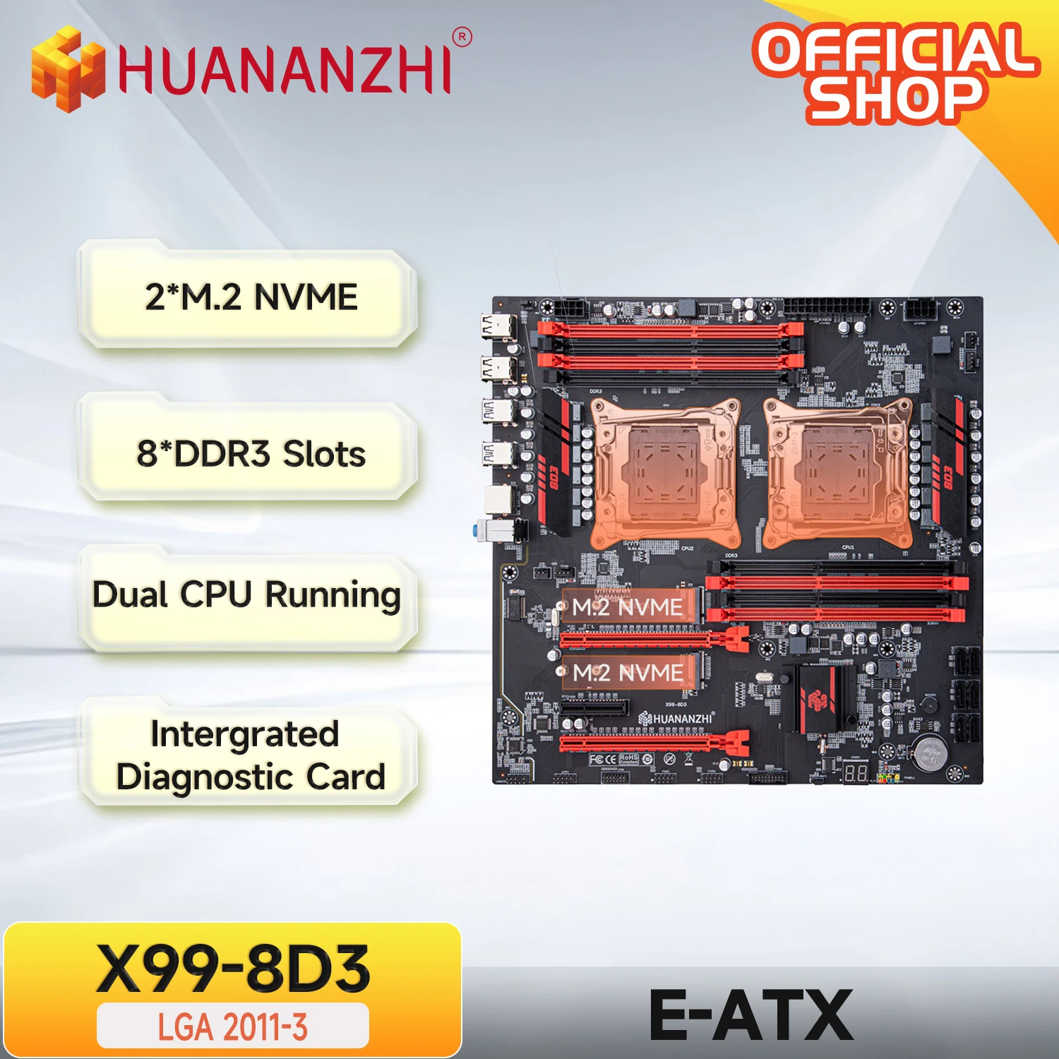 

HUANANZHI X99 8D3 LGA 2011-3 Xeon Motherboard Dual CPU Support LGA 2673/2666/2678/2696 E5 V3V4 DDR3 Memory M.2 NVME Compatible