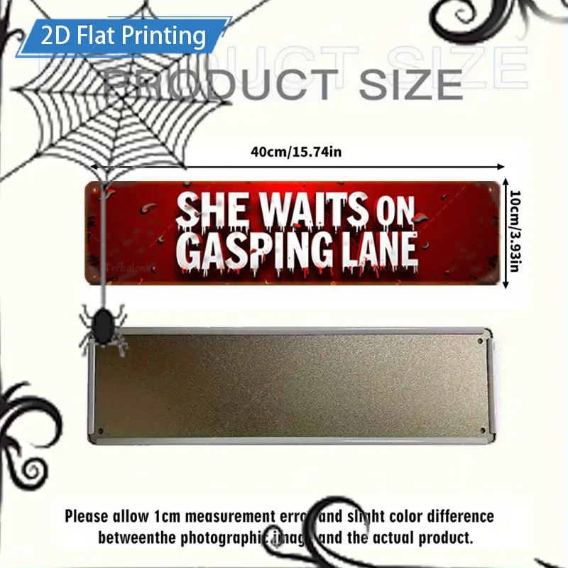 1 قطعة علامة معدنية ، 4x16 بوصة هالوين "إنها ينتظر على حارة الغاز" علامة ، مخيف اليقطين الخفافيش ديكور للسياج #3