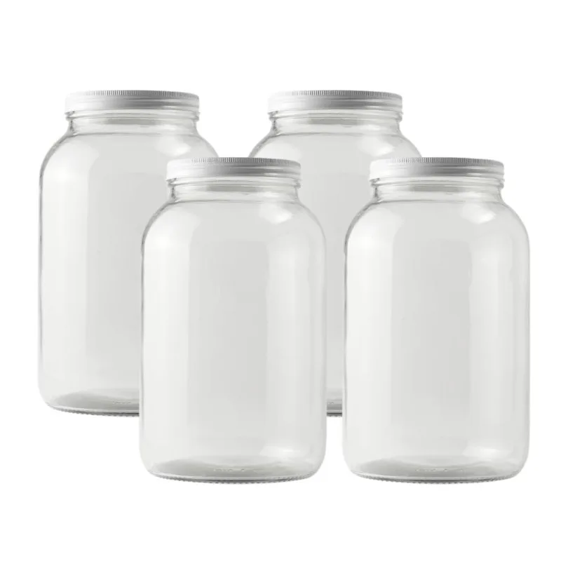 Pack of 4 One Gallon Wide Mouth Jar with White Metal Airtight Lid, 4 Glass Jars with 4 Fermentation Lids, Ideal Glass Jars