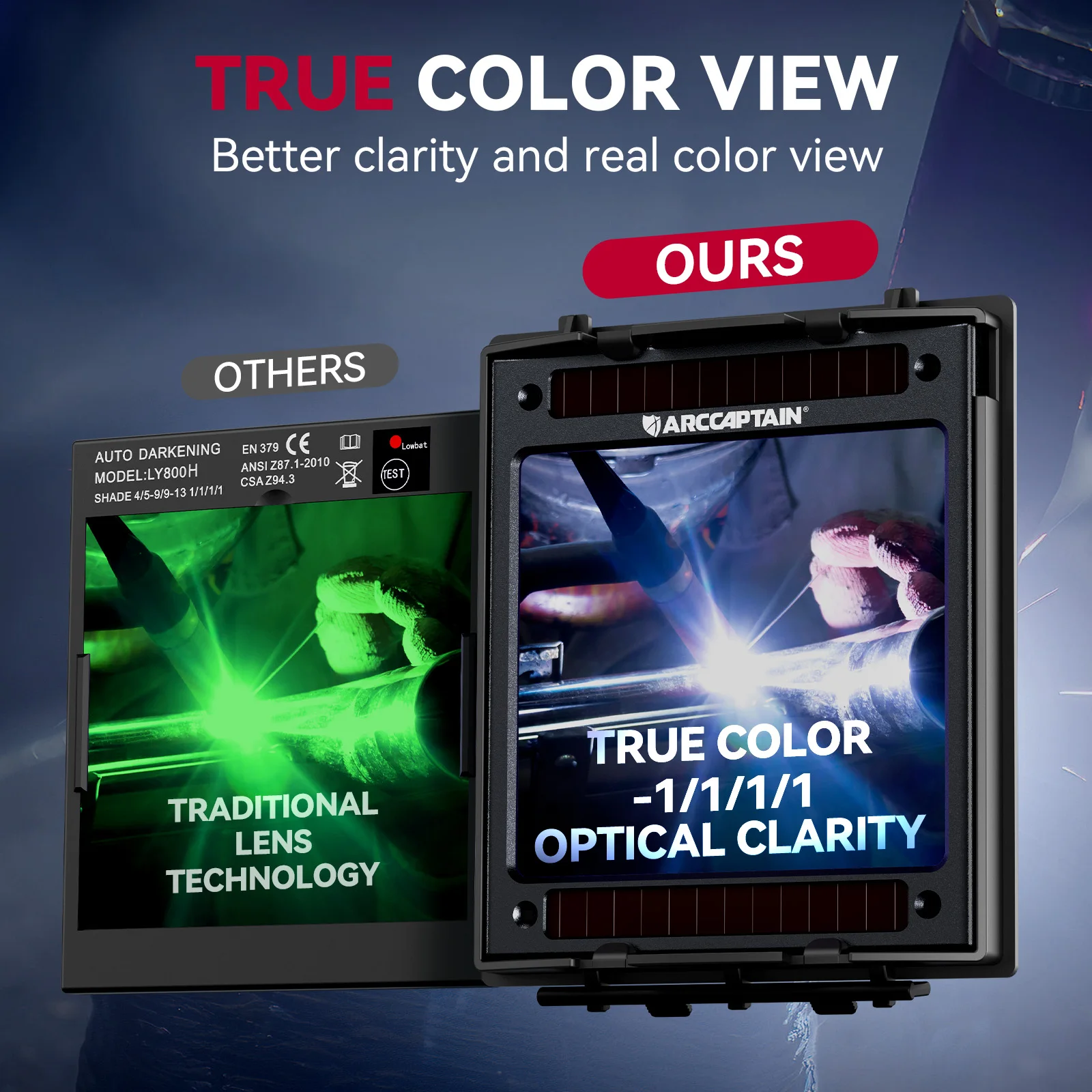 ARCCAPTAIN خوذة لحام السيارات سواد تعمل بالطاقة الشمسية صحيح اللون لحام هود 1/1/1/1 قناع لحام لقطع MMA MIG TIG