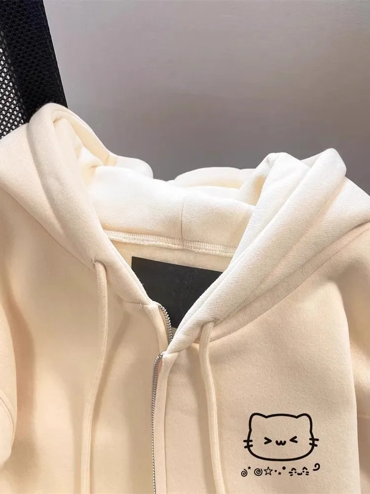 Velvet Cute Cat Zipper Hoodie for Women
