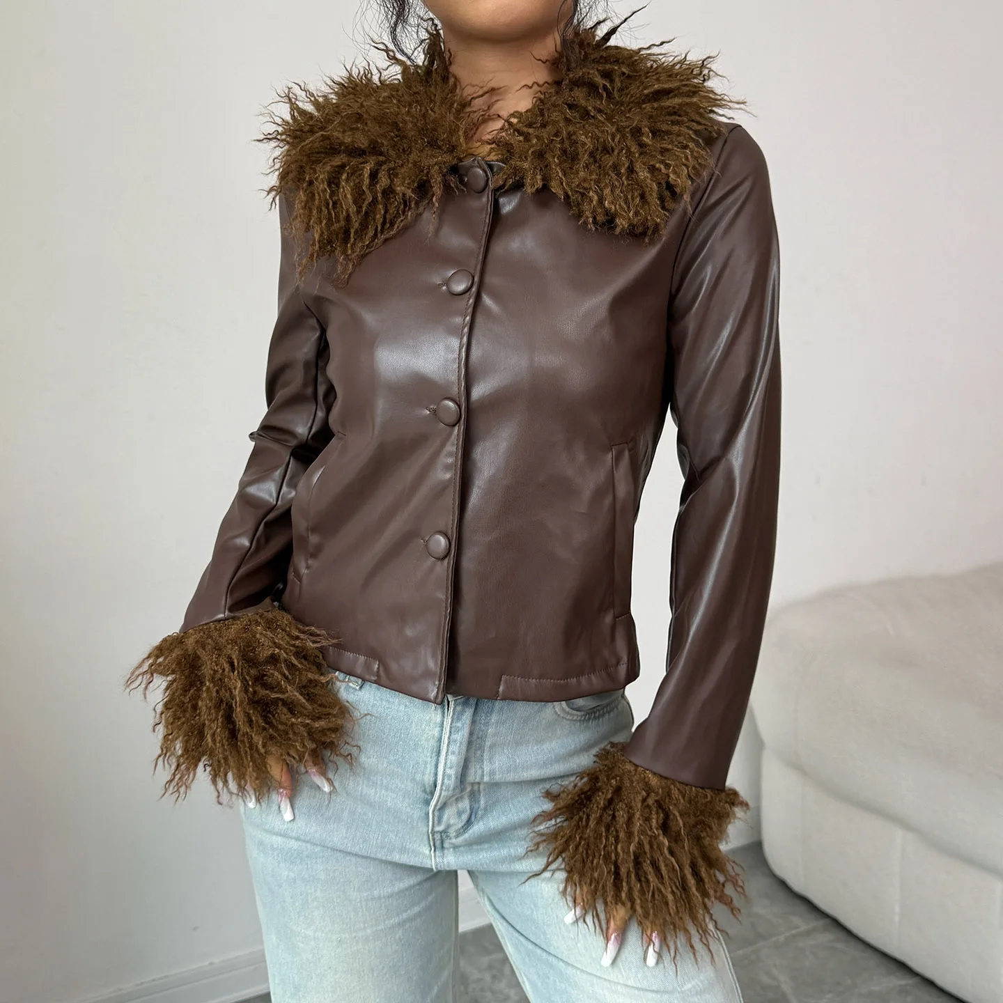 Women's Faux Leather Jacket with Fluffy Fur Collar and Cuffs Stylish Brown Button-Up Outerwear Trendy Winter Coat For FallWinter