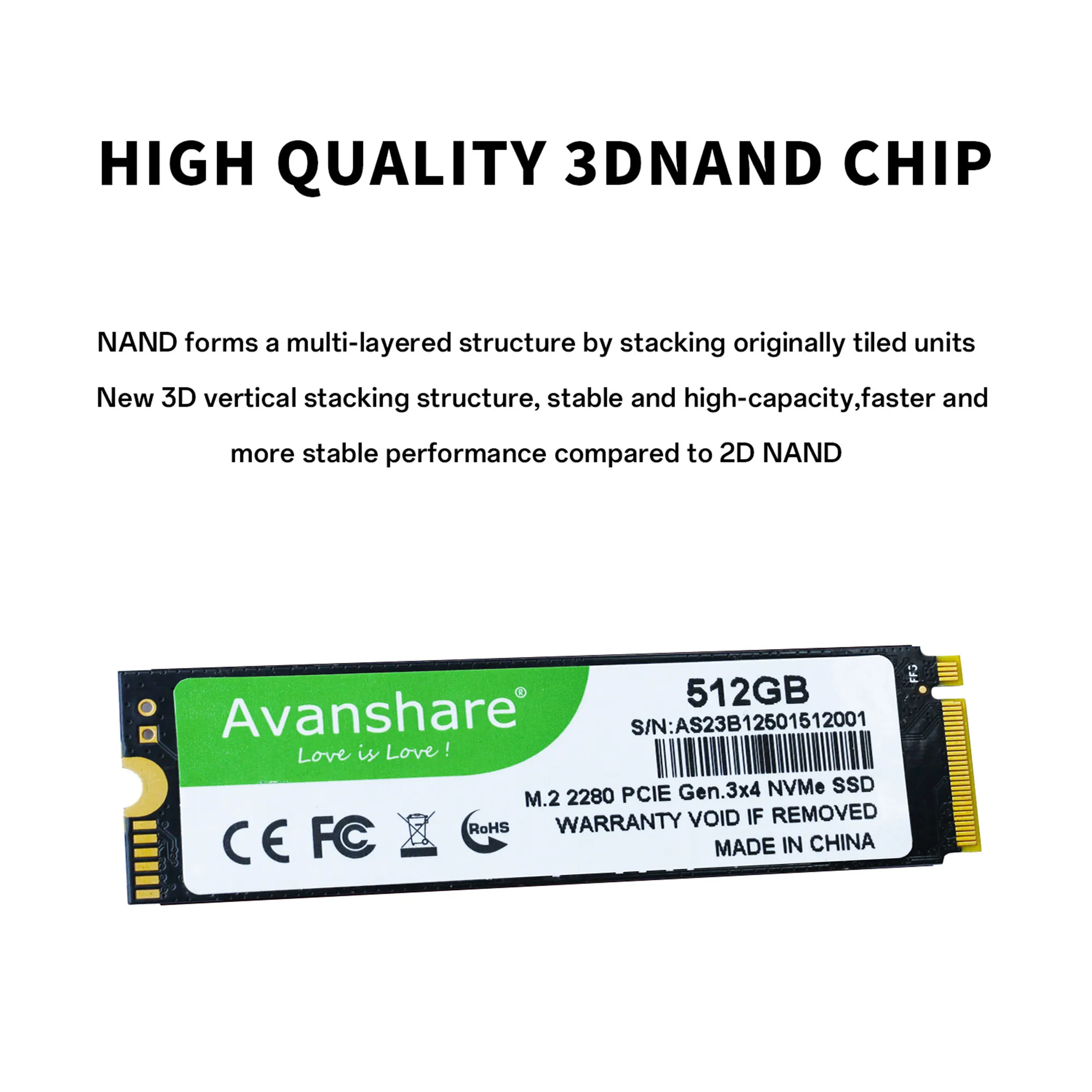 Avanshare SSD M.2 NVMe 128GB 256GB 512GB 1TB 2TB M2 NVMe PCIe3.0 M.2 2280 SSD Hard Drive Solid State Disk for Laptop Desktop