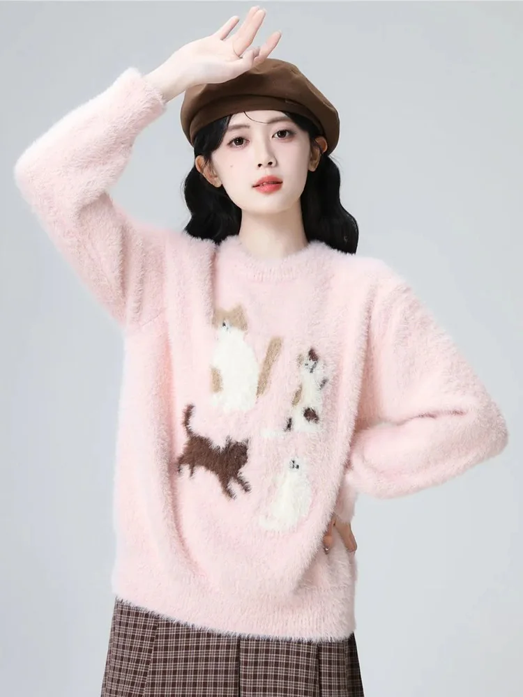 

Cartoon Print Pink Sweater Women Cute Lazy Wind Vintage Knitted Jumper Japan Preppy Style Long Sleeve Lady Retro Kawaii Pullover