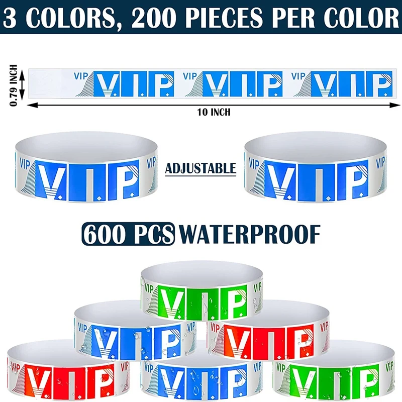 APPLIA-600 Pack VIP Wristbands For Events Waterproof VIP Wristbands VIP Paper Bracelets Wristbands For Party (Red, Blue, Green)