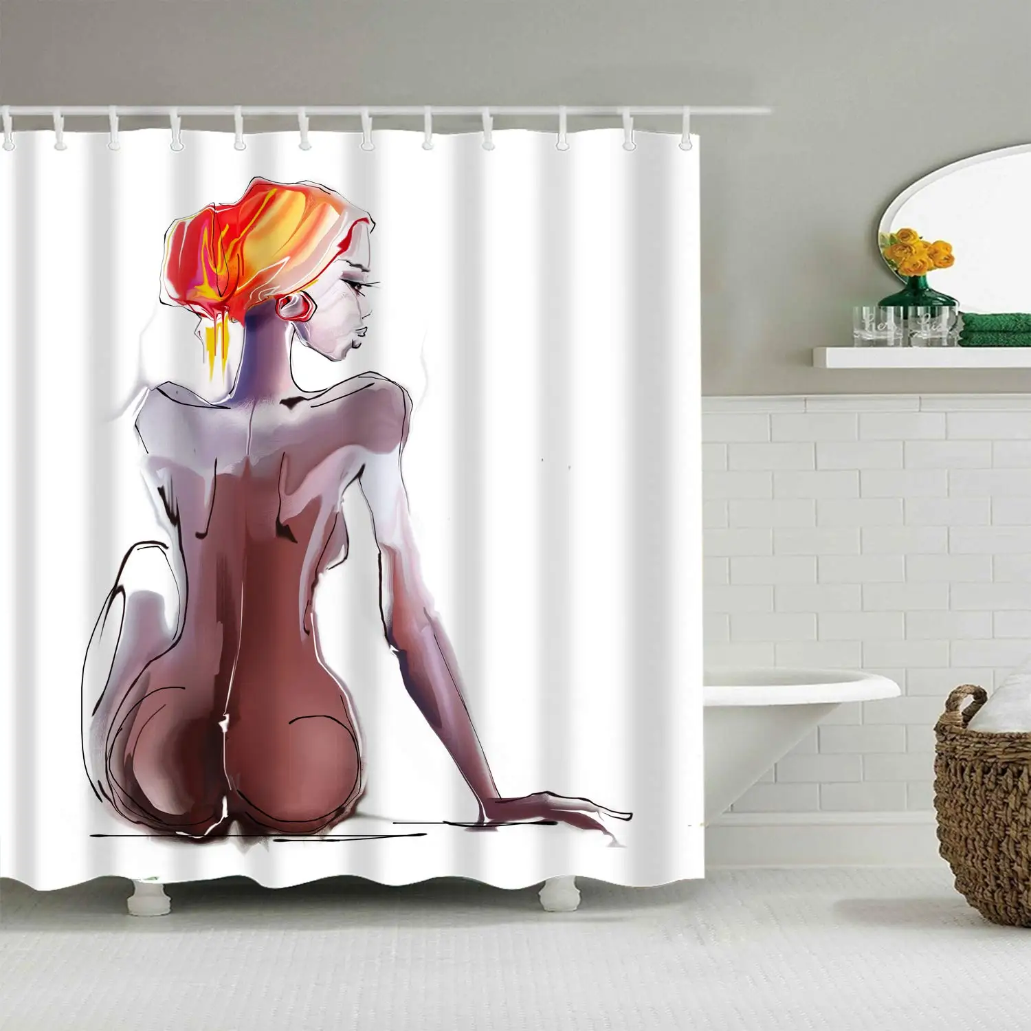 Fashion Sexy Woman Shower Curtain for Bathroom,Naked Tattoo Girl with Violin In Black Shower Curtain,Body Art Bath Curtain Sets