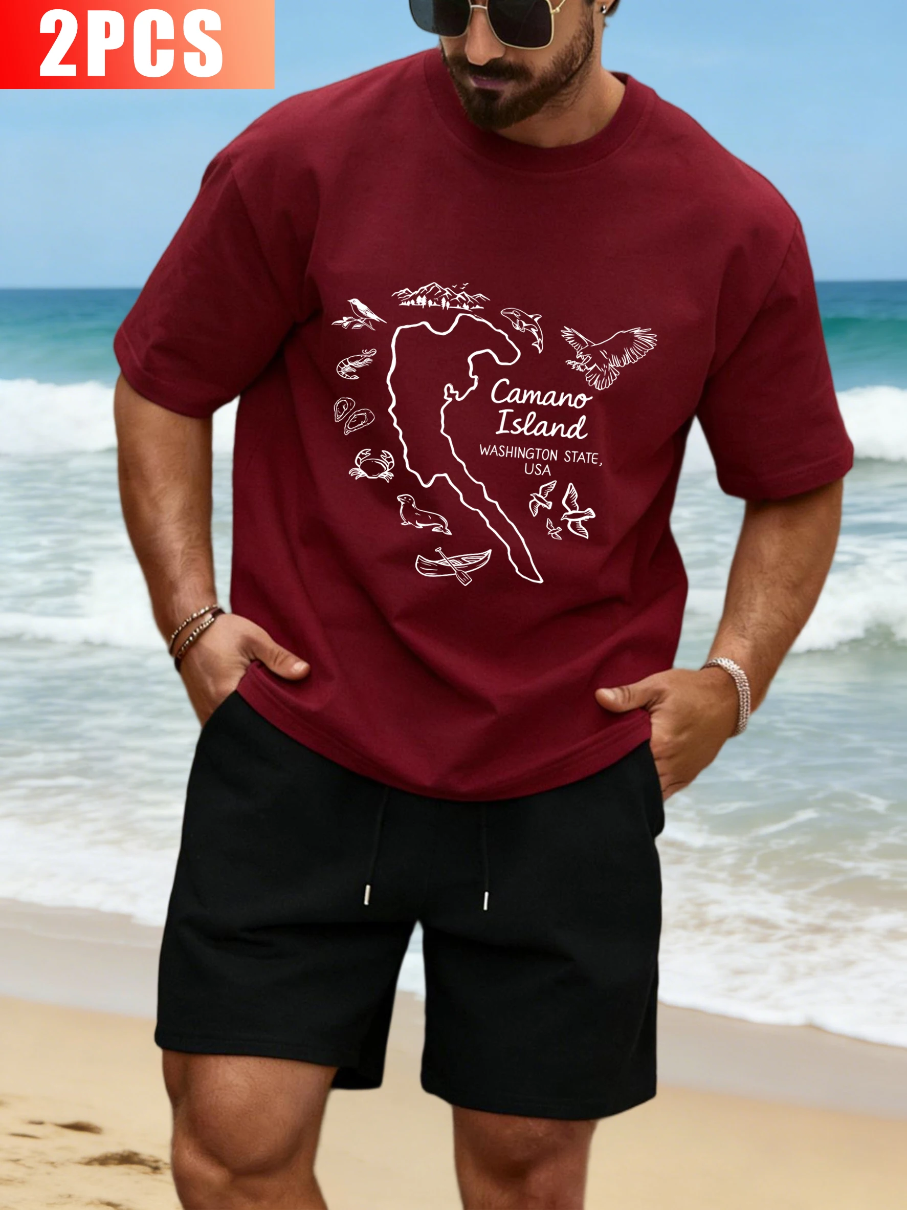 

Camano Island Natural Organisms Design Men Tee Set Casual Cotton Top Wide-Leg Shorts Summer Loose Clothing Man Basics Sportsuit