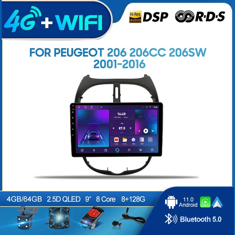 

QSZN For Peugeot 206 206CC 206SW 2001-2016 2 din Android 12.0 Car Radio Multimedia Video Player GPS Navigation 4G Carplay Head