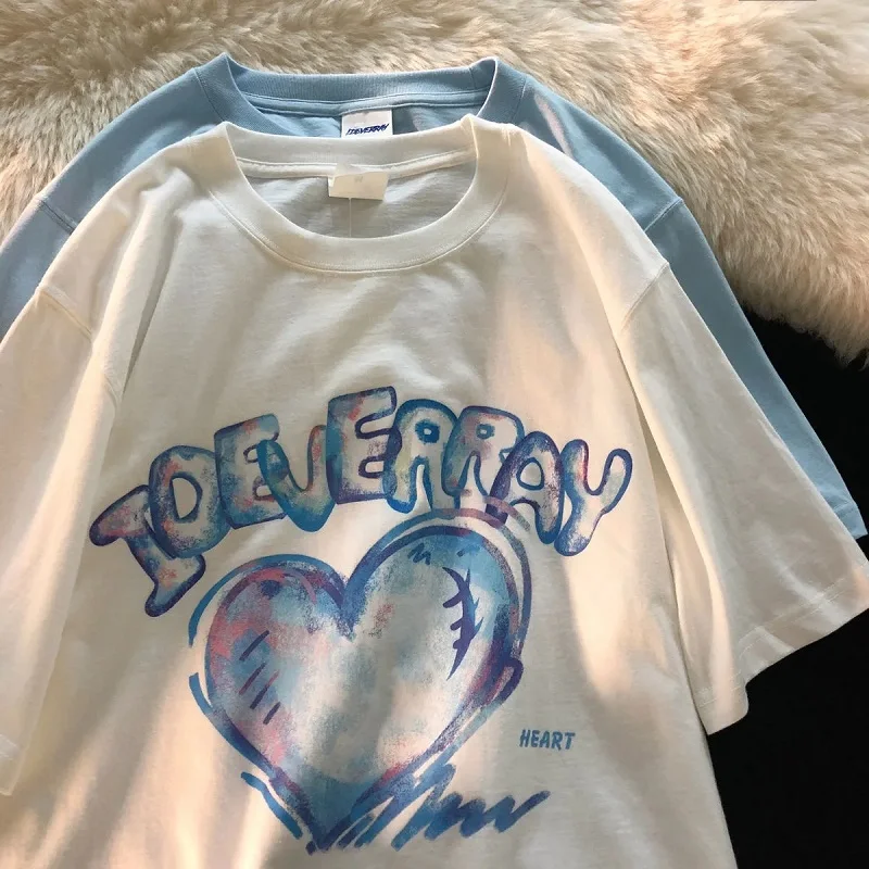 المرأة Y2K الشارع بارك رسالة طباعة قصيرة الأكمام الرجعية كبيرة تي شيرت المعتاد رداء علوي فضفاض مستديرة الرقبة الحب المرأة تي شيرت