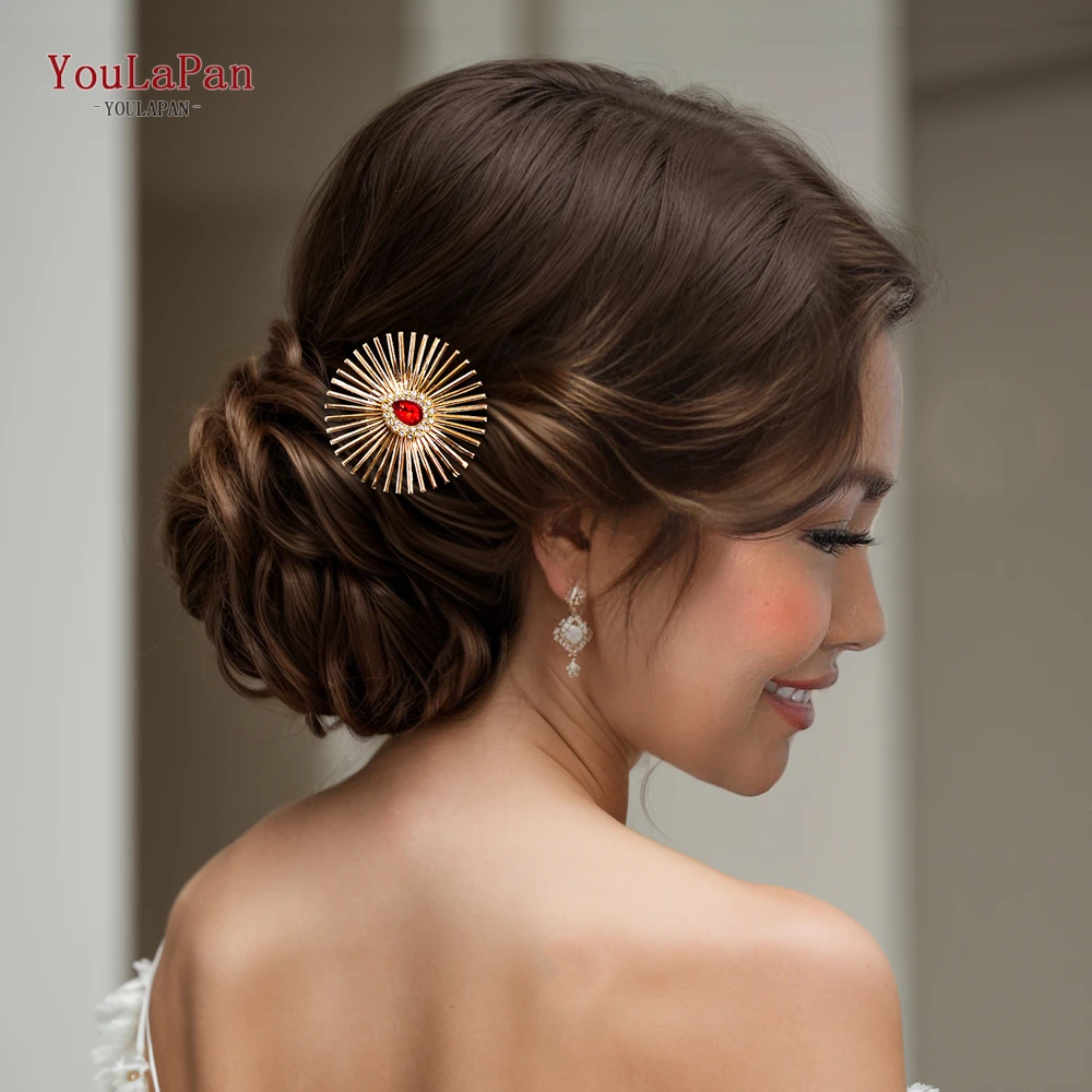 YouLaPan Red Color Rhinestone Bride Hair Pins Gold Color Wedding Hair Accessories U-Shape Hairpins Handmade Headwear HP768 ﻿