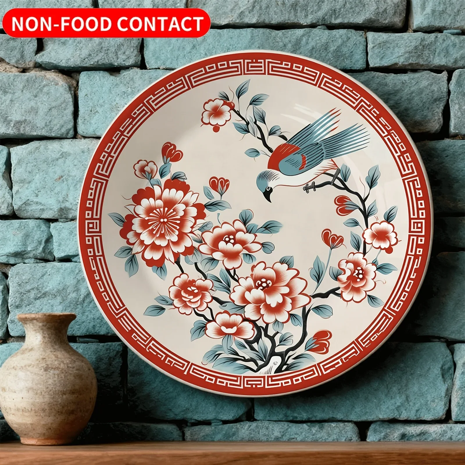 1pc Traditional Chinese Ceramic Wall Art Decorative Plate - Non-Food Contact Red Flower & Bird Design, Elegant Floral Pattern