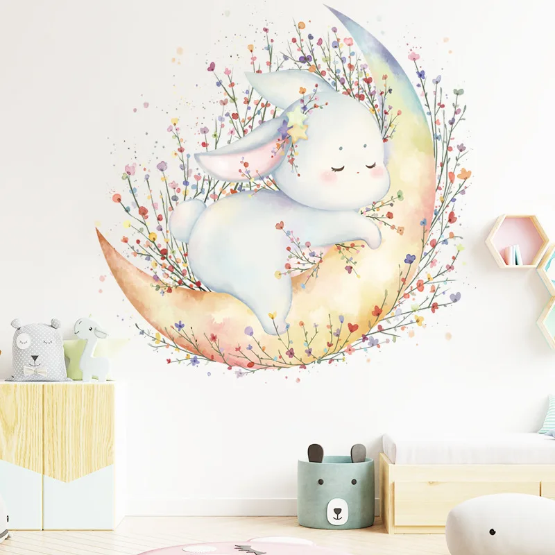 Rabbit Elephont Animal Combination Wall Sticker Kids Room Walls Cartoon Self-adhesive Paper Small-sized Animal art Stickers