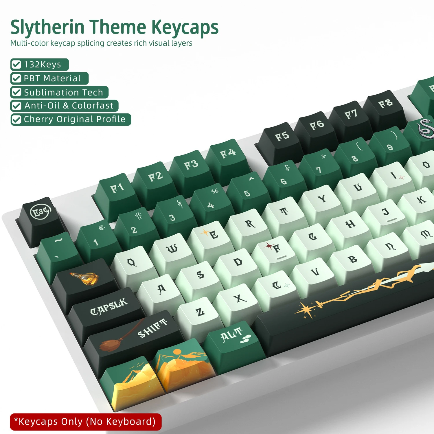 Slytherin Keycaps 132 Keys PBT Material Keycaps Cherry Profile DYE-SUB For MX Switch Wooting Mechanical Keyboard ISO ANSI Layout