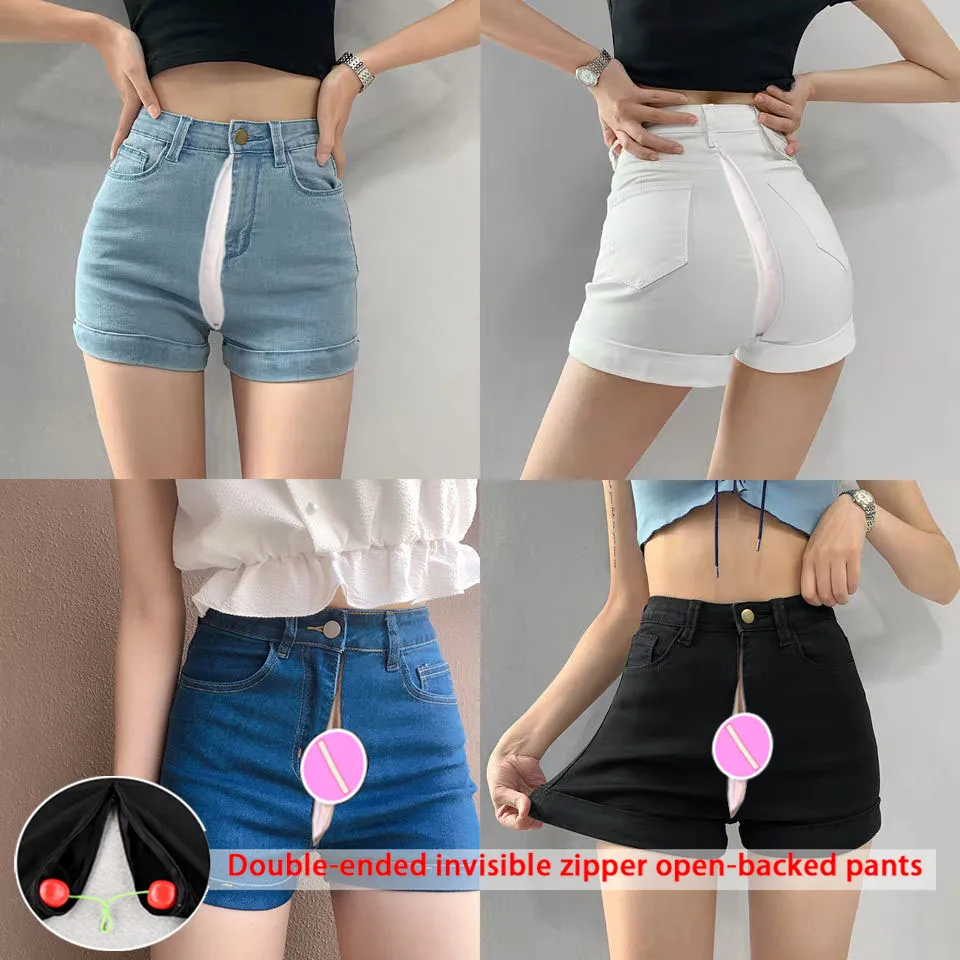 

Large Size High Waist Denim Shorts Elastic Short Invisible Open Crotch Double-Headed Zipper Convenient Pant All-Match Shap Short