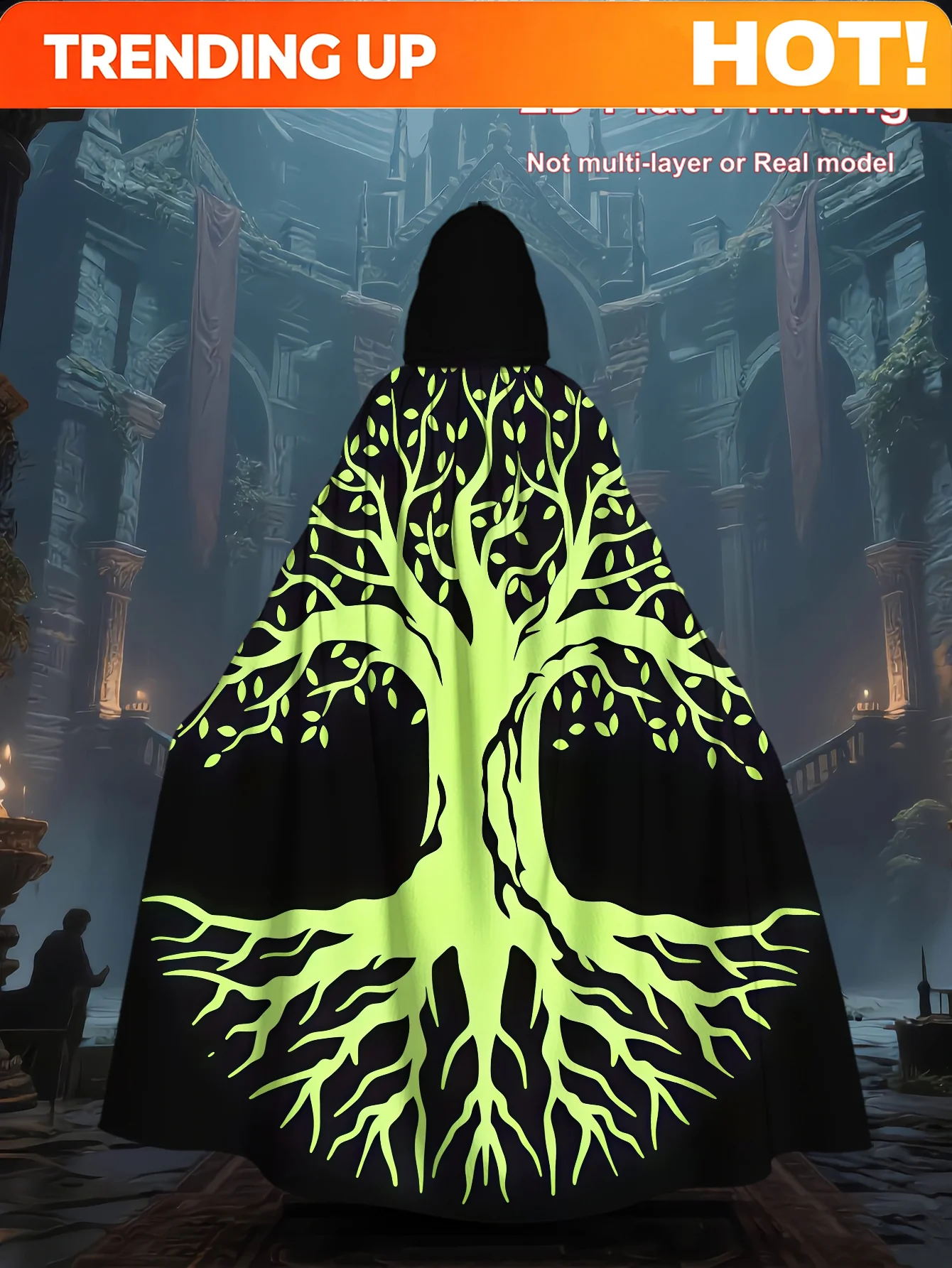 Customization 2D Flat Printing, Tree-Themed Hooded Cloak, Glow-In-The-Dark Element, Polyester Costume Robe For Men And Women, Gr