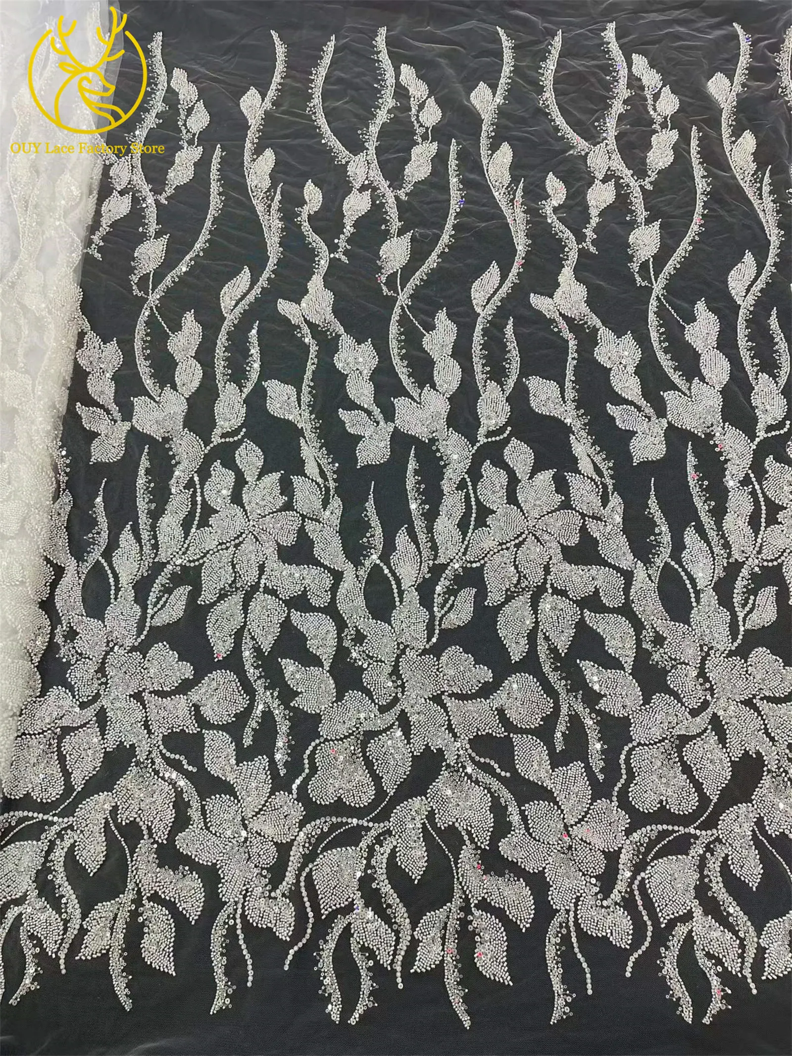 Heiß begehrter französischer Stickerei-Spitzenstoff mit Perlen und Pailletten, 5 Yards, afrikanischer Spitzenstoff, nigerianische Spitze für Brautkleider und Hochzeitsfeiern – Detail 9