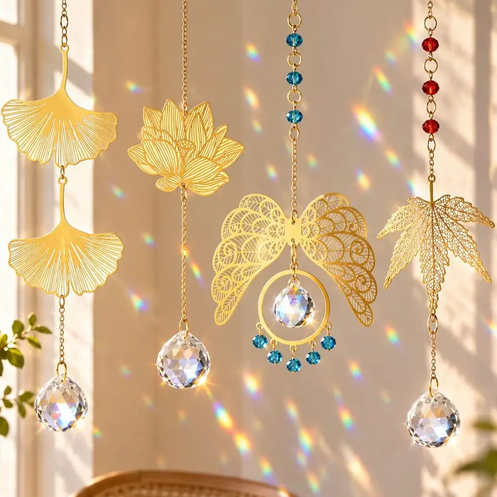 Golden Metal Leaf Crystal Suncatcher, Lotus Clover Maple Prism Hanging Ornament, Window Rainbow Maker Boho Home Decor Gift