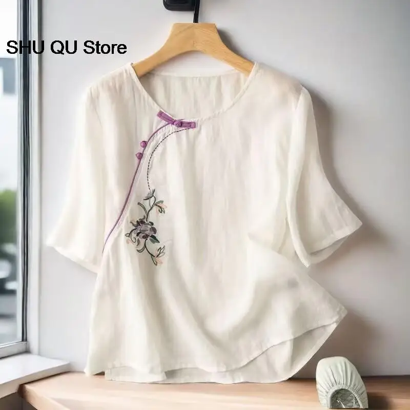 New Spring Summer Traditional Chinese Clothing Women Clothes  Short Sleeve Top Loose Hanfu Tang Suit Round Neck Literary T-shirt