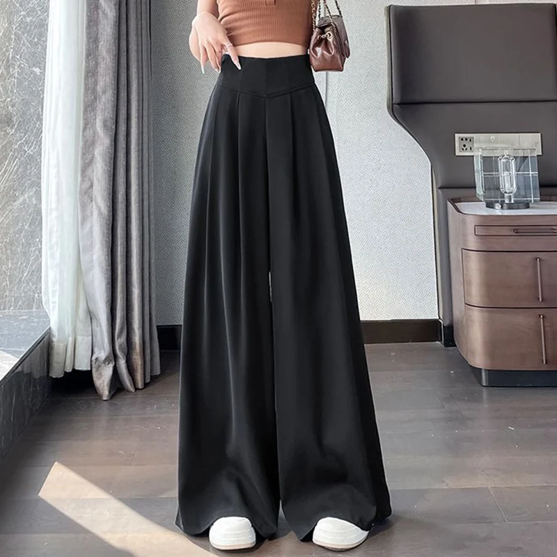 Lady Korean Solid High Waist Pants Girls Fashion Wide Leg Suit Trousers Women Slim Fit Comfortable Daily Slacks