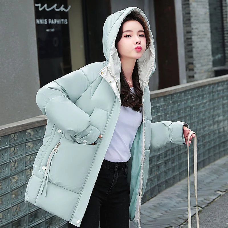 Winter 2023 Women's New Korean Cotton Jacket Loose Down Cotton Top Mid-length Hooded Jacket Thickened Cotton Coat