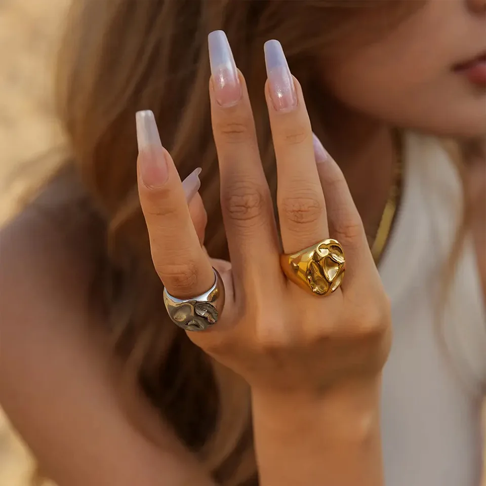 18K Gold Silver Color Stainless Steel Rings Set For Women Men Chunky Wide Irregular Lava Saddle Band Rings Set Jewelry Gift