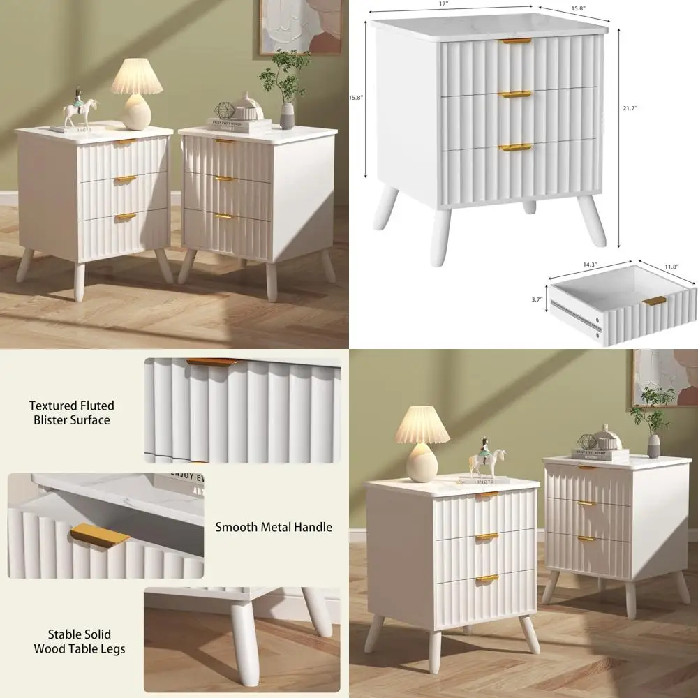 pair of decorative nightstands: fluted 3-drawer, marble-top, wooden with metal handles