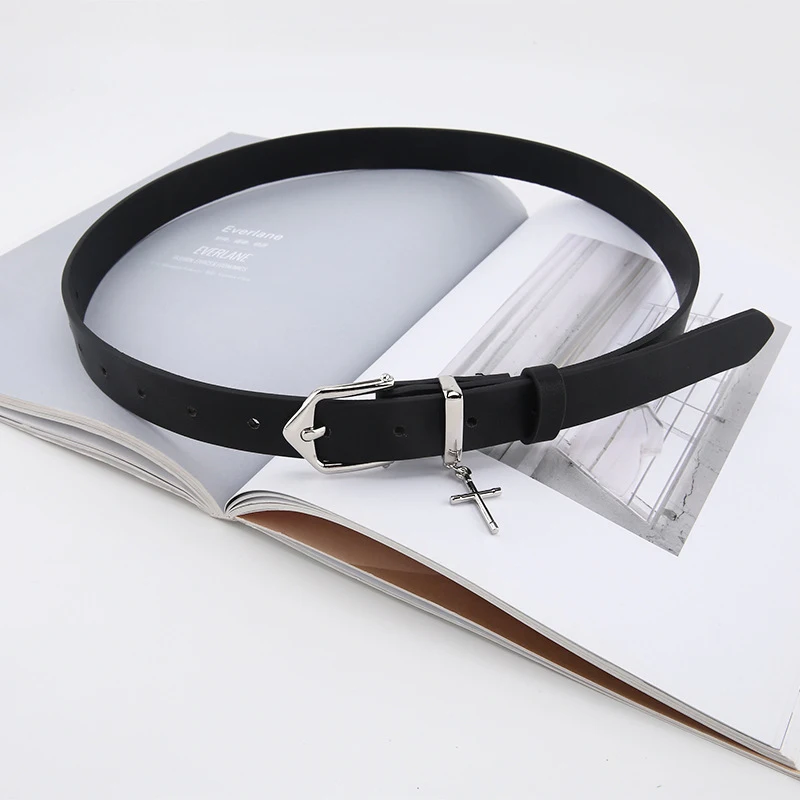 Punk Cross Pendant Jean Pants Belt Fashion Retro Men Woman Waist Strap PU Leather Metal Pin Buckle Hip Hop Waistband