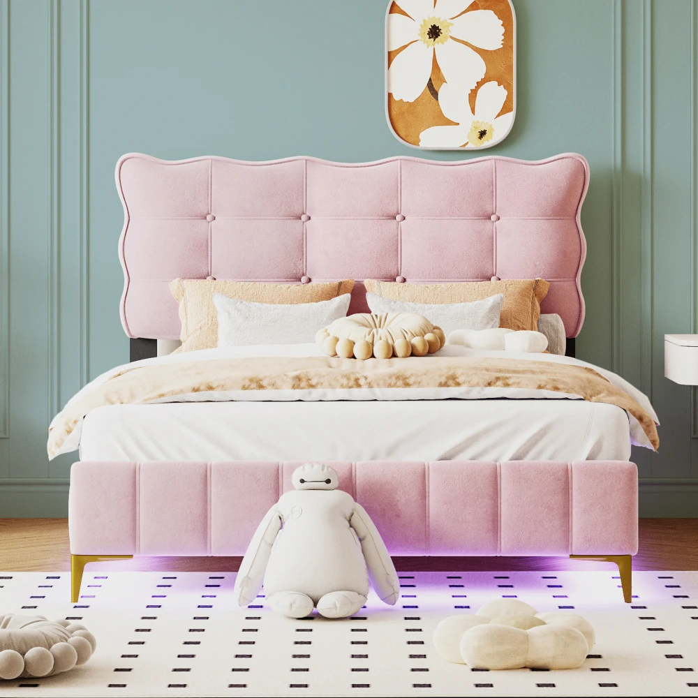 Full Size Upholstered Platform Bed with LED Frame and Stylish Mental Bed Legs Pink Velvet Bed Frame for Bedroom Furniture